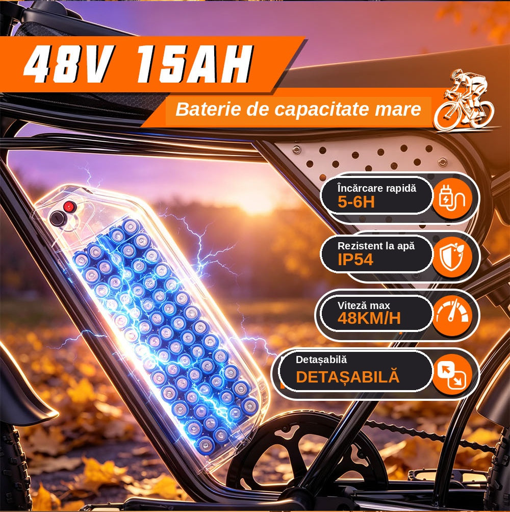 Bicicletă Electrică Fat Bike Rydestar C20 Lite, 48V 1000W, Baterie 15Ah, Anvelope late 20"x4.0", Viteză 48km/h, Frâne Hidraulice, Suspensie Dublă