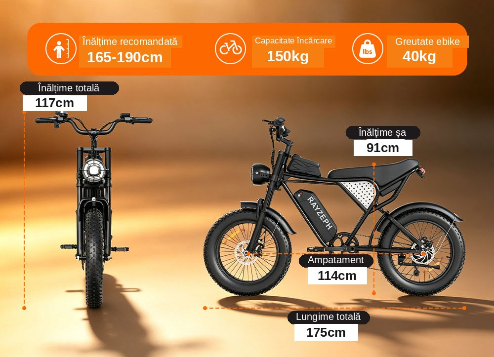 Bicicletă Electrică Fat Bike Rydestar C20 Lite, 48V 1000W, Baterie 15Ah, Anvelope late 20"x4.0", Viteză 48km/h, Frâne Hidraulice, Suspensie Dublă